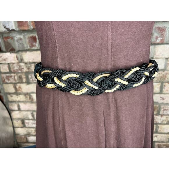 rope chord belt black gold faux pearls boho vintage 1980s - Picture 1 of 6